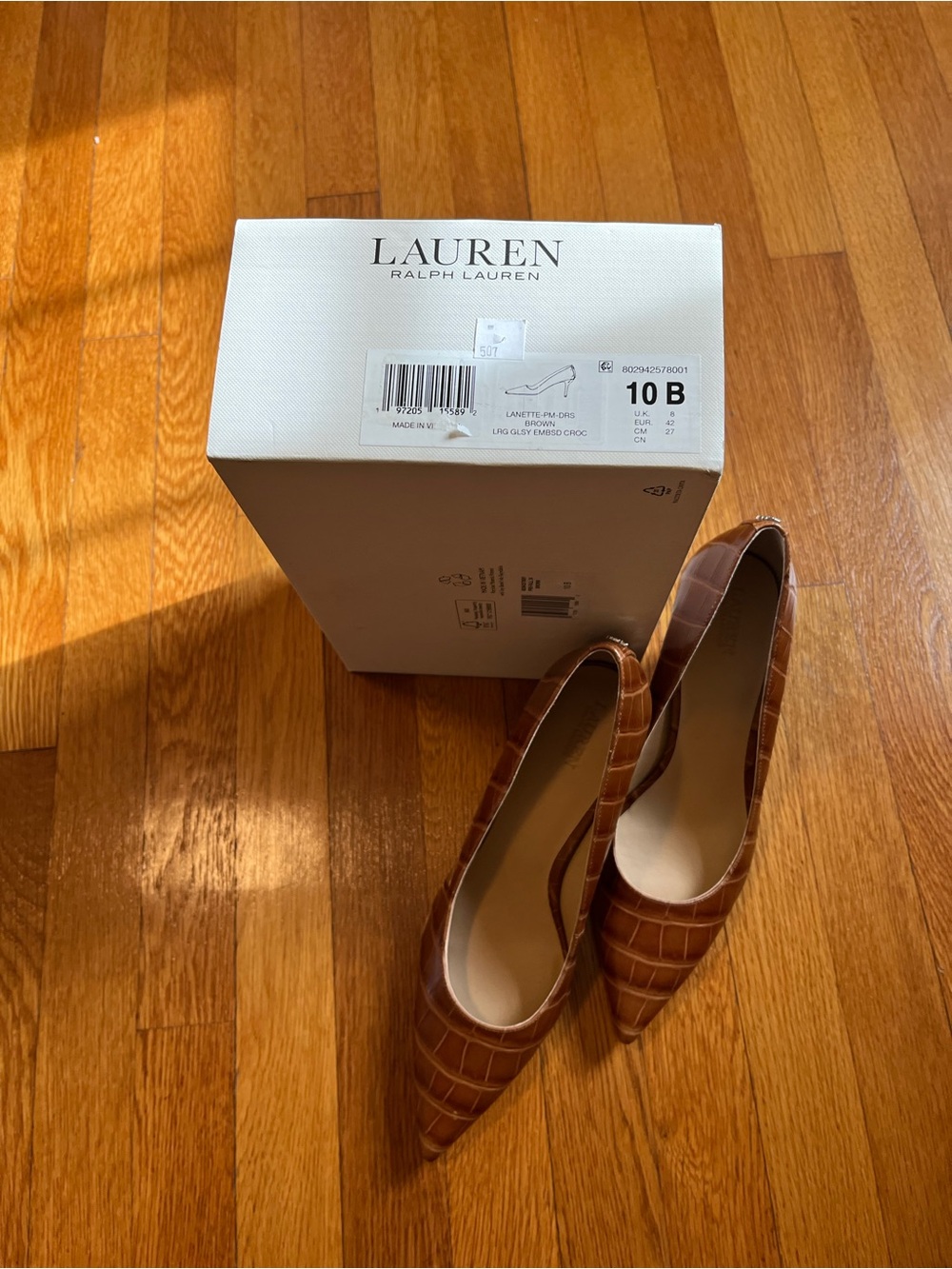 New Lauren Ralph Lauren Lanette GSLY Embossed Crocodile Brown Pumps Sz 10 Read - Picture 11 of 12